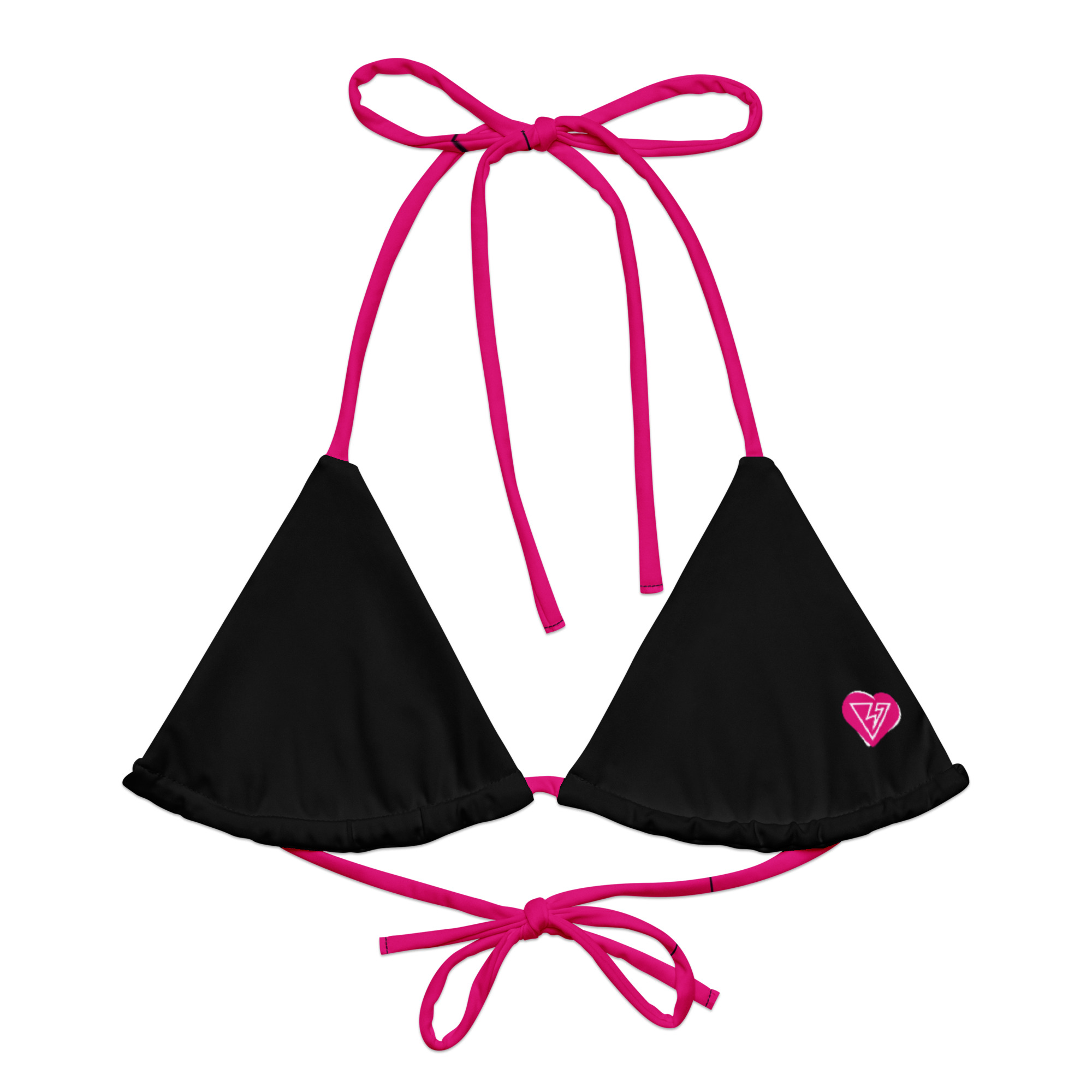 Vee heart black and pink string bikini top